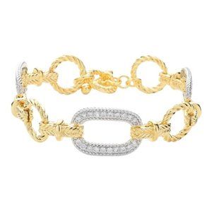 CZ Stone Paved Open Oval Link Two Tone Toggle Women Bracelet